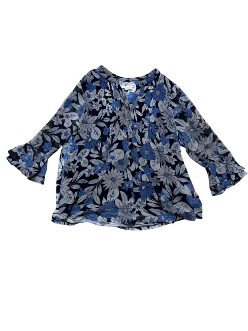 Charter Club Floral Bell Sleeve Blouse XL Blue Lightweight Top